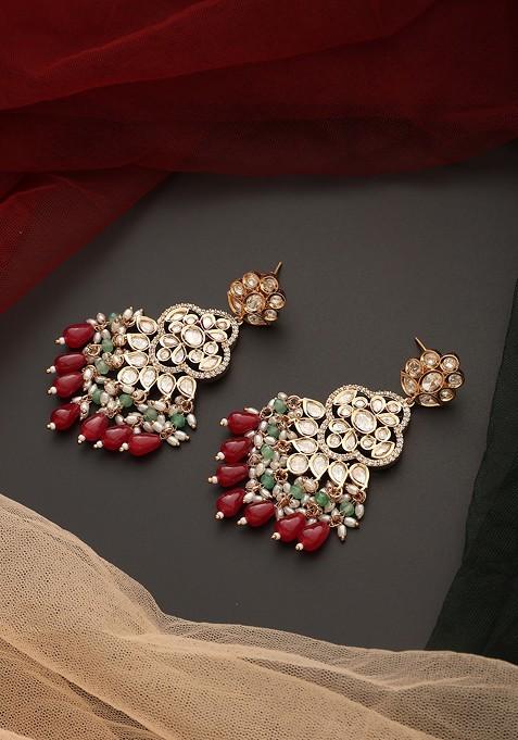 Red Gold Tone Polki Dangler Earrings