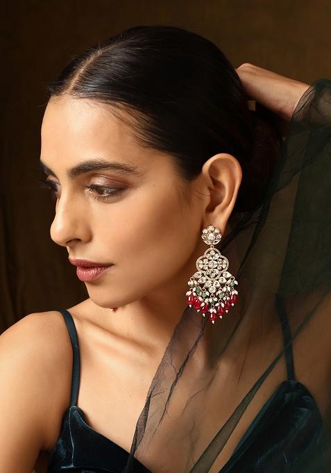 Red Gold Tone Polki Dangler Earrings