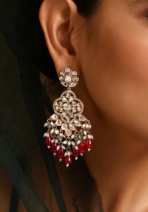 Red Gold Tone Polki Dangler Earrings