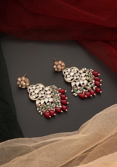 Red Gold Tone Polki Dangler Earrings