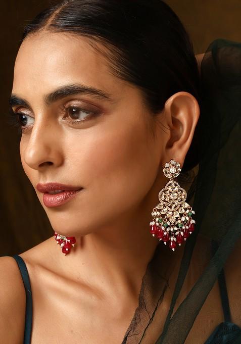 Red Gold Tone Polki Dangler Earrings