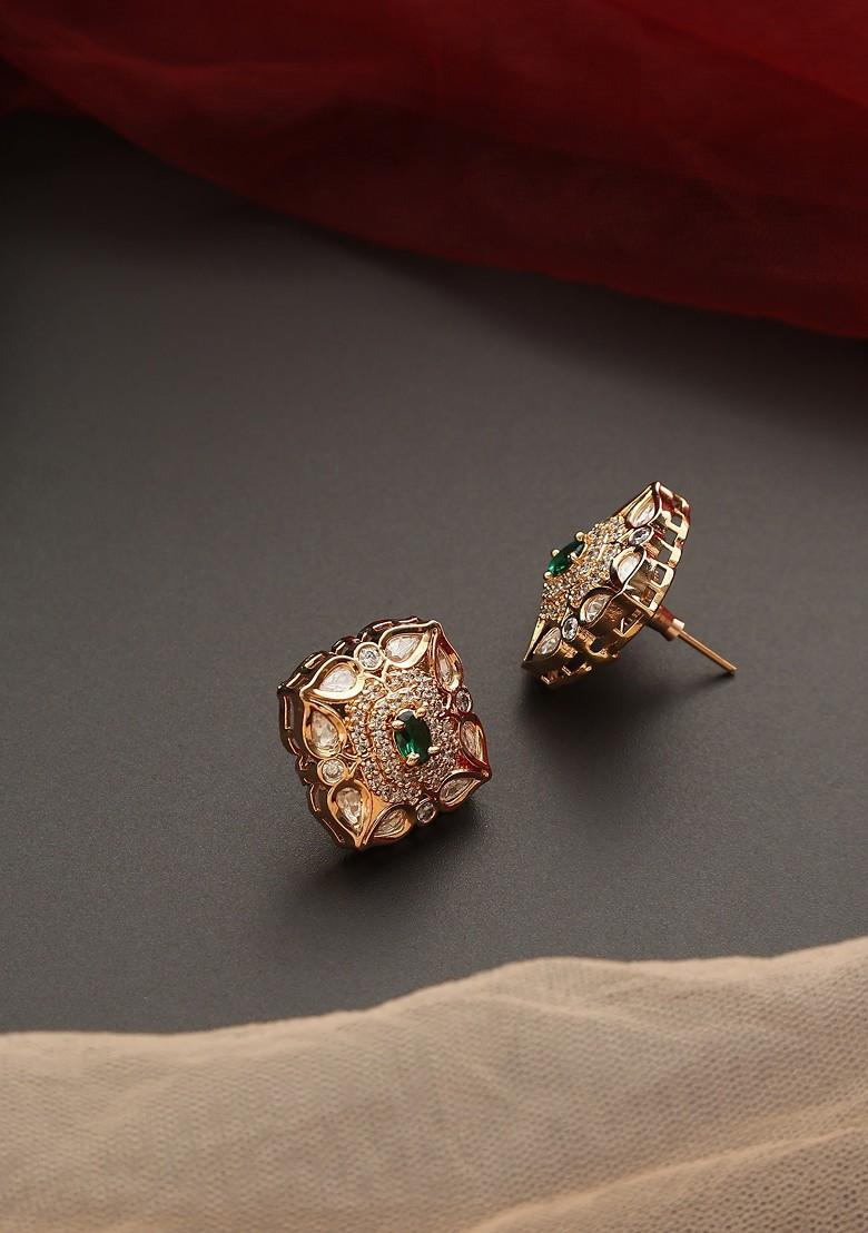 Green Gold Tone Polki Stud Earrings