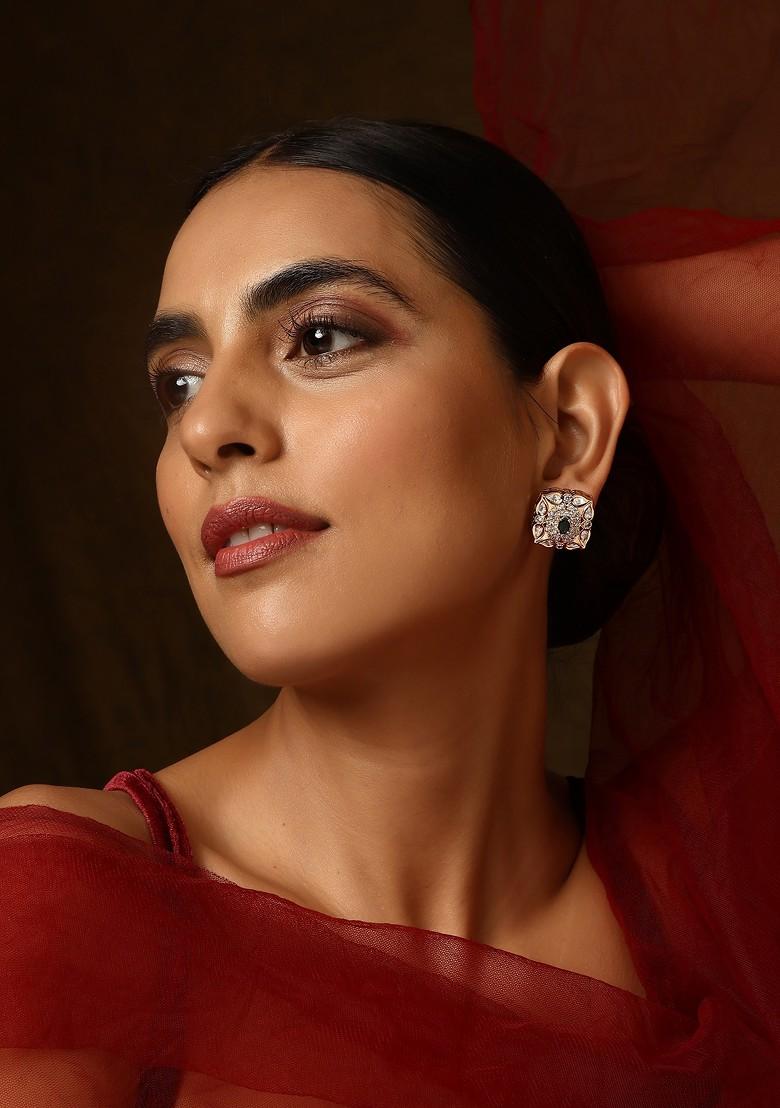 Green Gold Tone Polki Stud Earrings