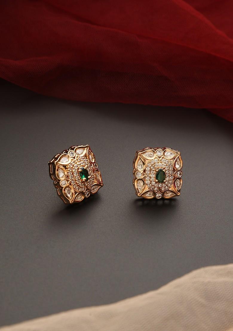 Green Gold Tone Polki Stud Earrings