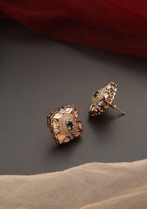 Green Gold Tone Polki Stud Earrings