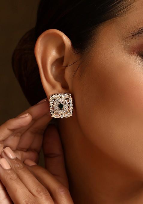 Green Gold Tone Polki Stud Earrings