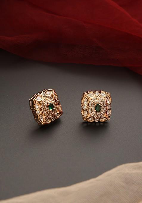 Green Gold Tone Polki Stud Earrings