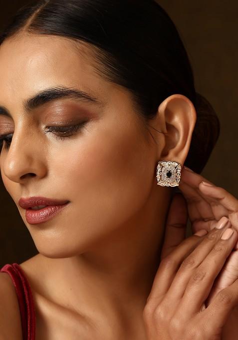 Green Gold Tone Polki Stud Earrings