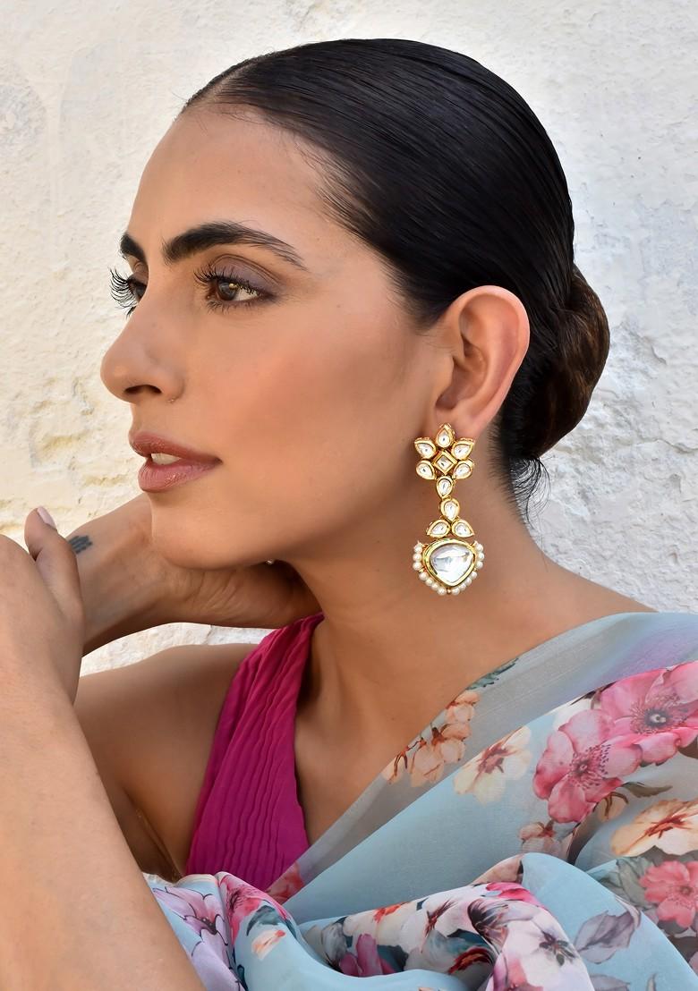 Gold Tone Kundan Dangler Earrings - Indya