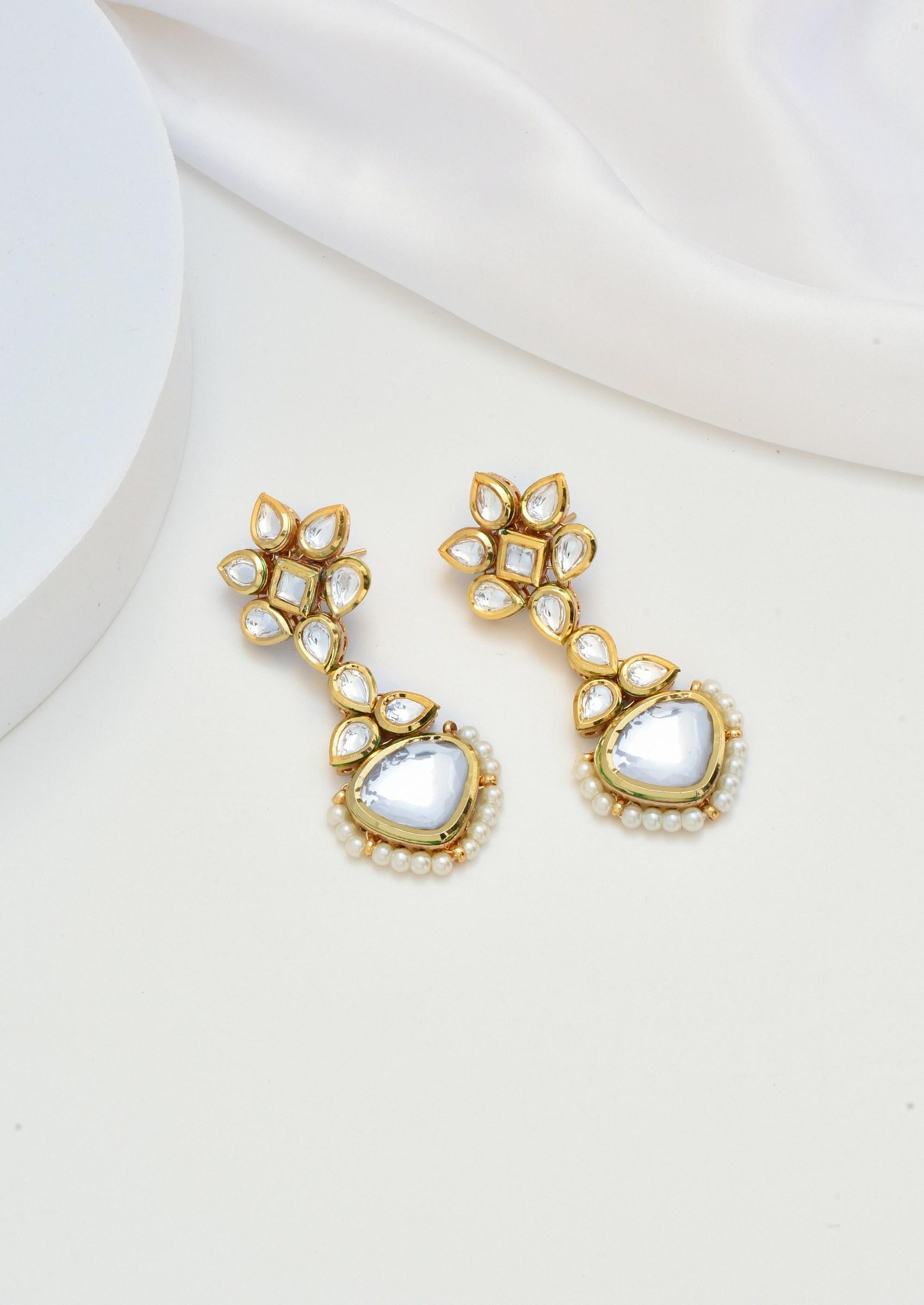 Gold Tone Kundan Dangler Earrings - Indya