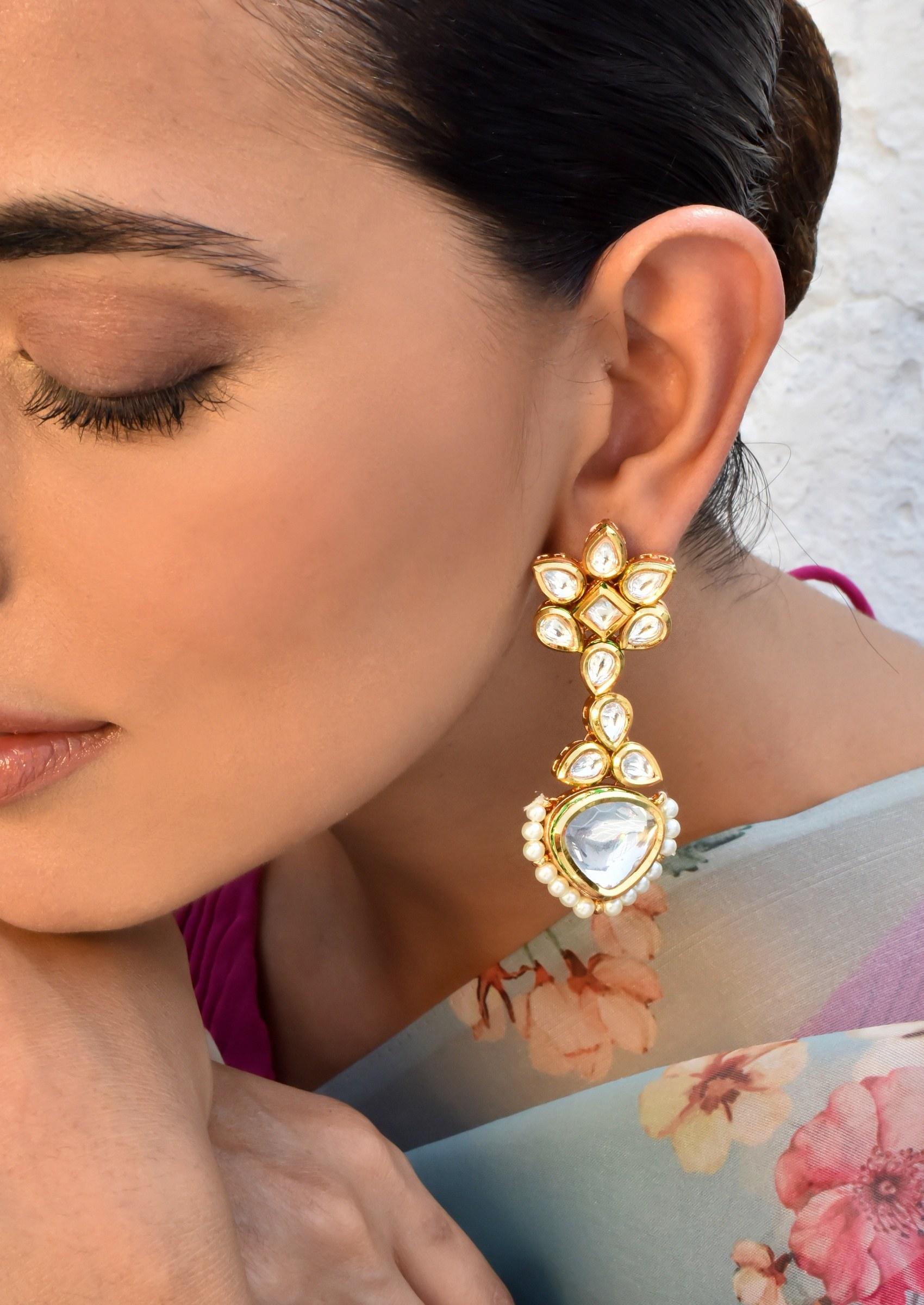 Gold Tone Kundan Dangler Earrings - Indya