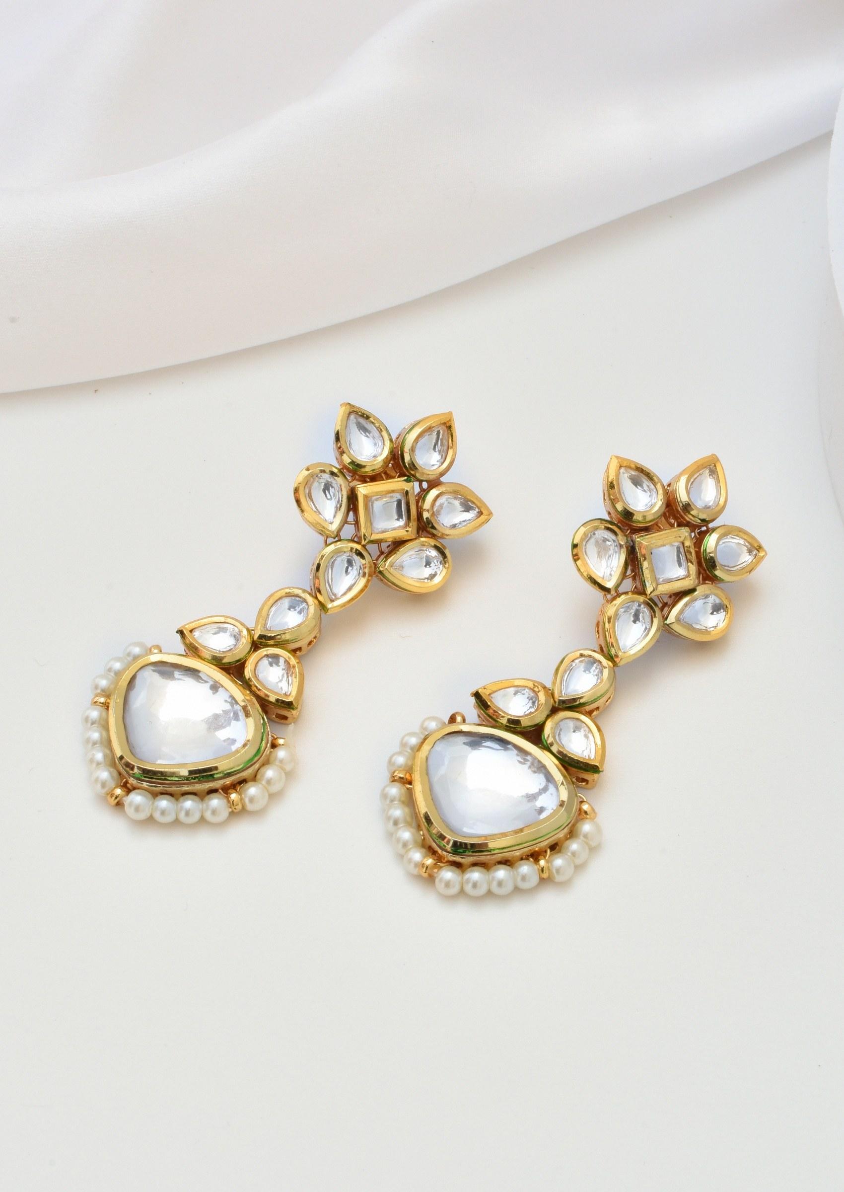 Gold Tone Kundan Dangler Earrings - Indya
