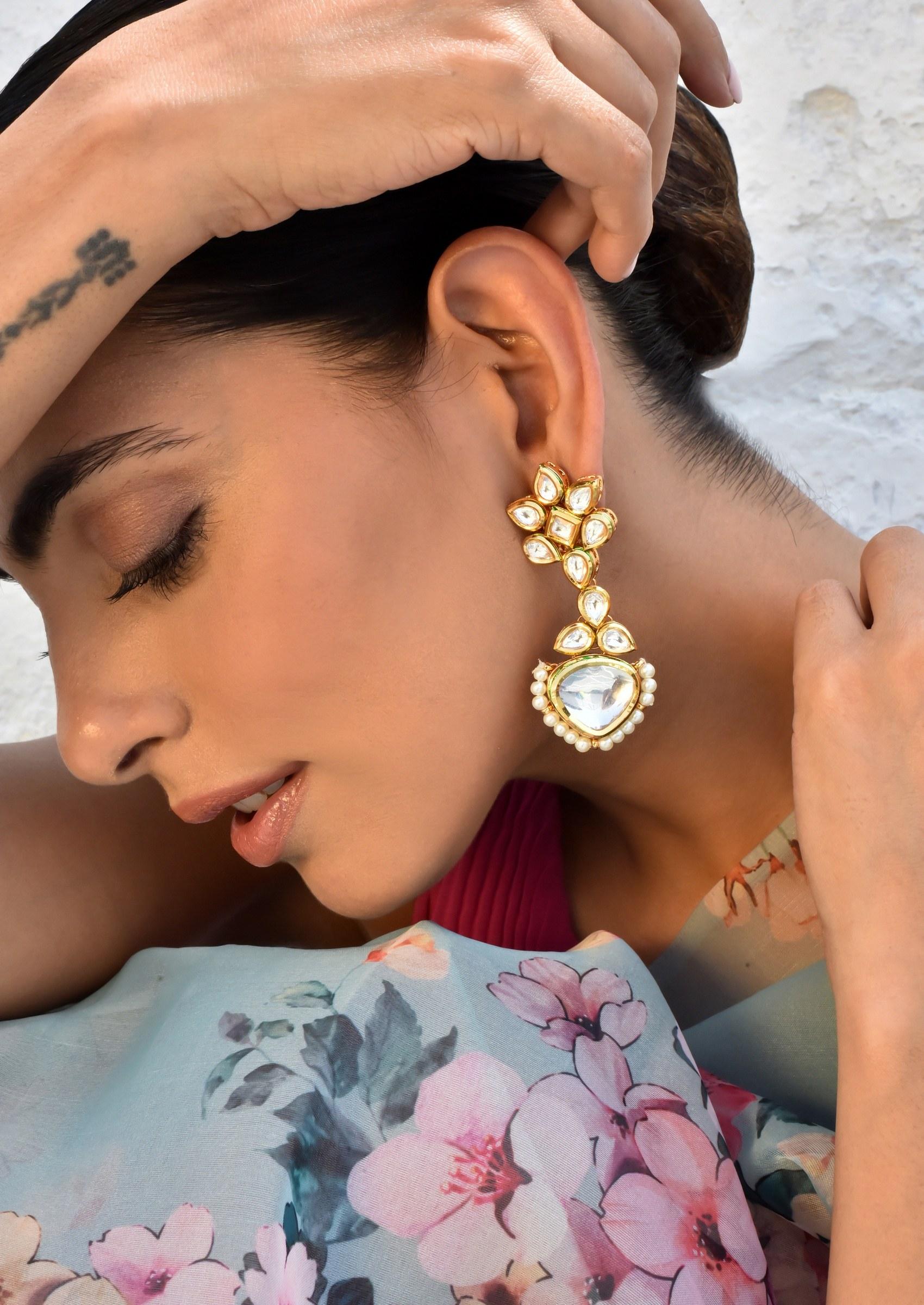Gold Tone Kundan Dangler Earrings - Indya