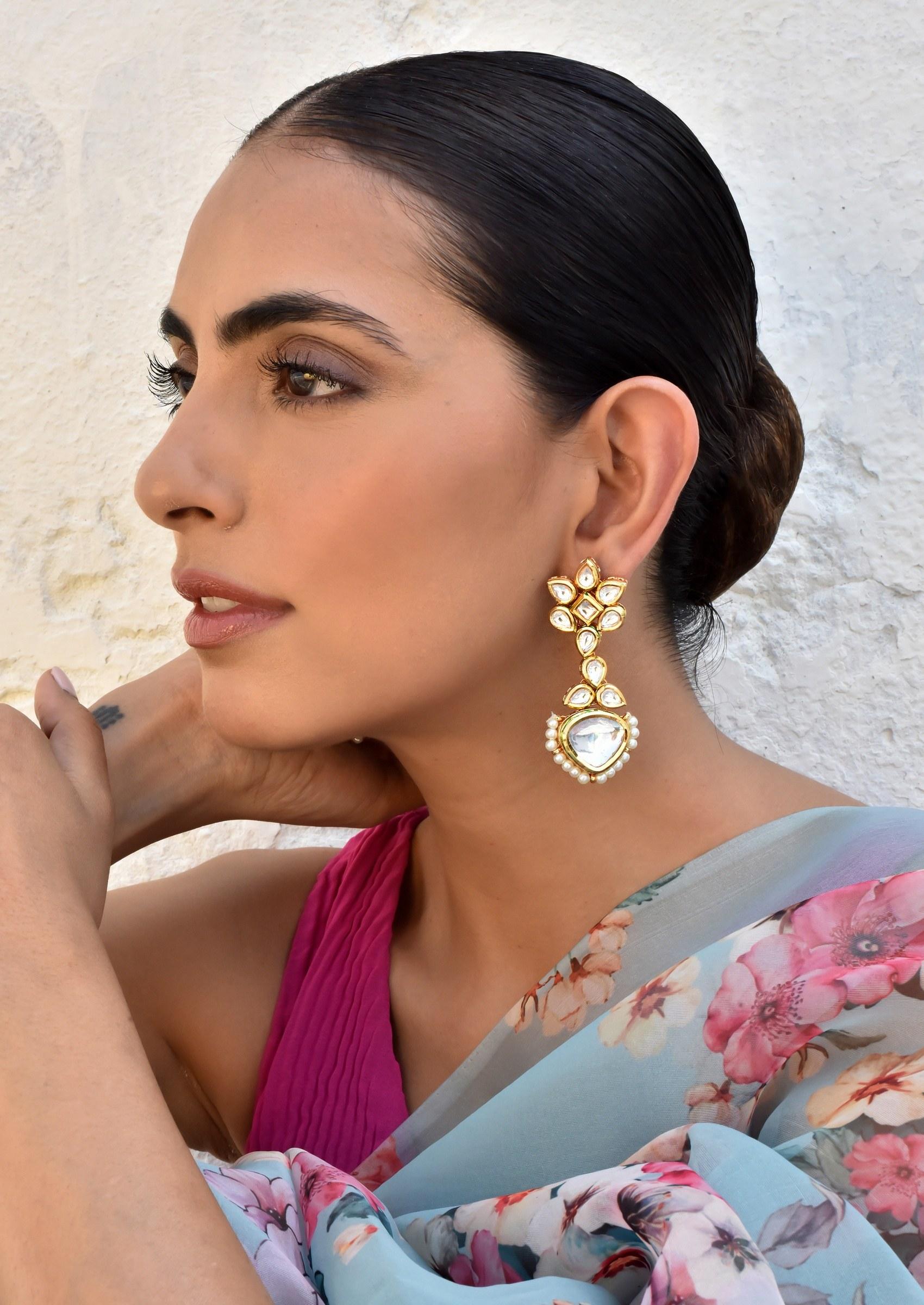 Gold Tone Kundan Dangler Earrings - Indya