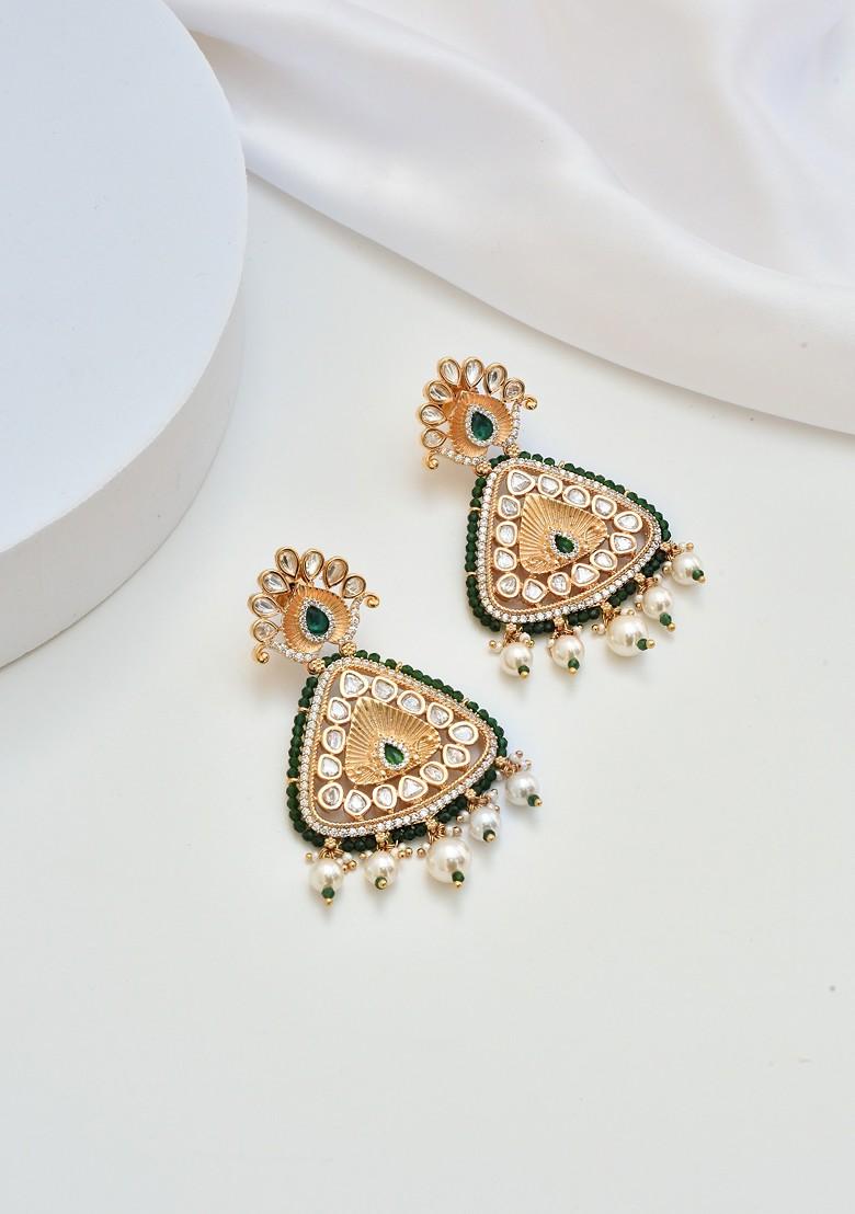 Green Tone Polki Dangler Earrings - Indya