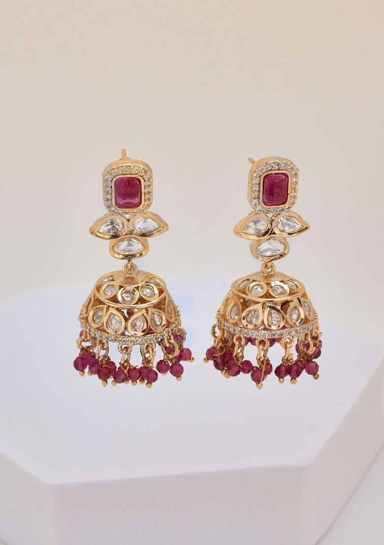 Red Rose Gold Tone Polki Jhumka Earrings - Indya