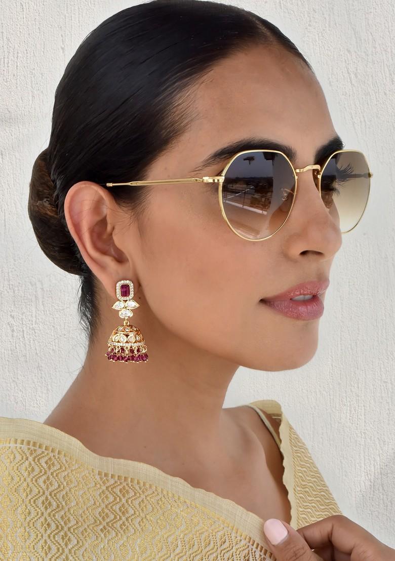 Red Rose Gold Tone Polki Jhumka Earrings