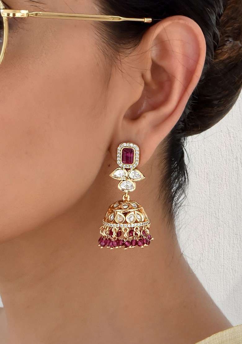 Red Rose Gold Tone Polki Jhumka Earrings - Indya