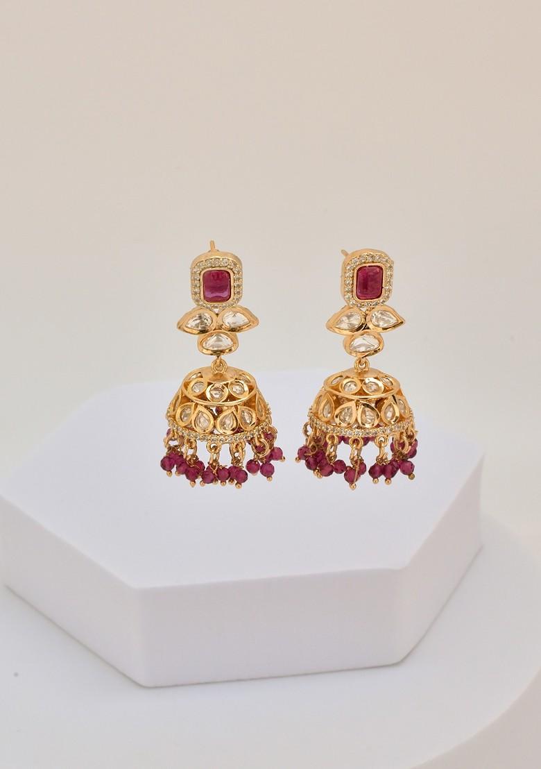 Red Rose Gold Tone Polki Jhumka Earrings