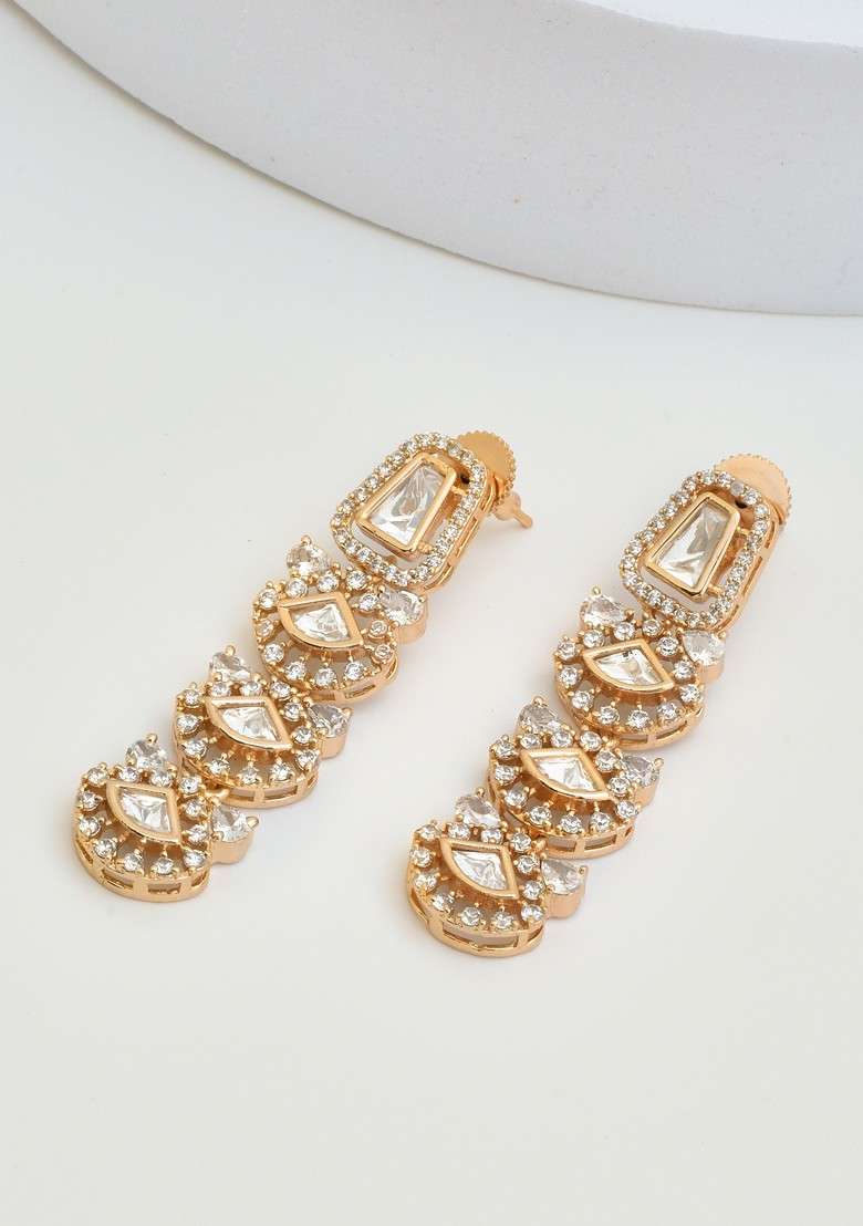 Rose Gold Tone Polki Dangler Earrings - Indya
