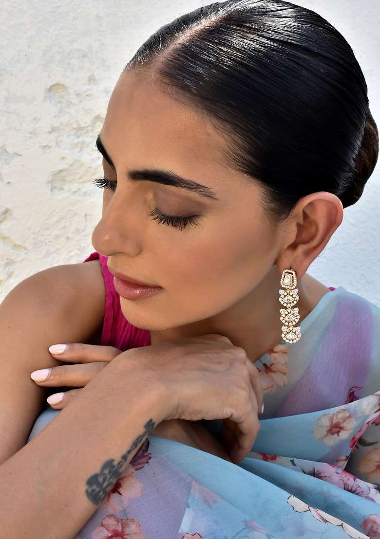 Rose Gold Tone Polki Dangler Earrings - Indya