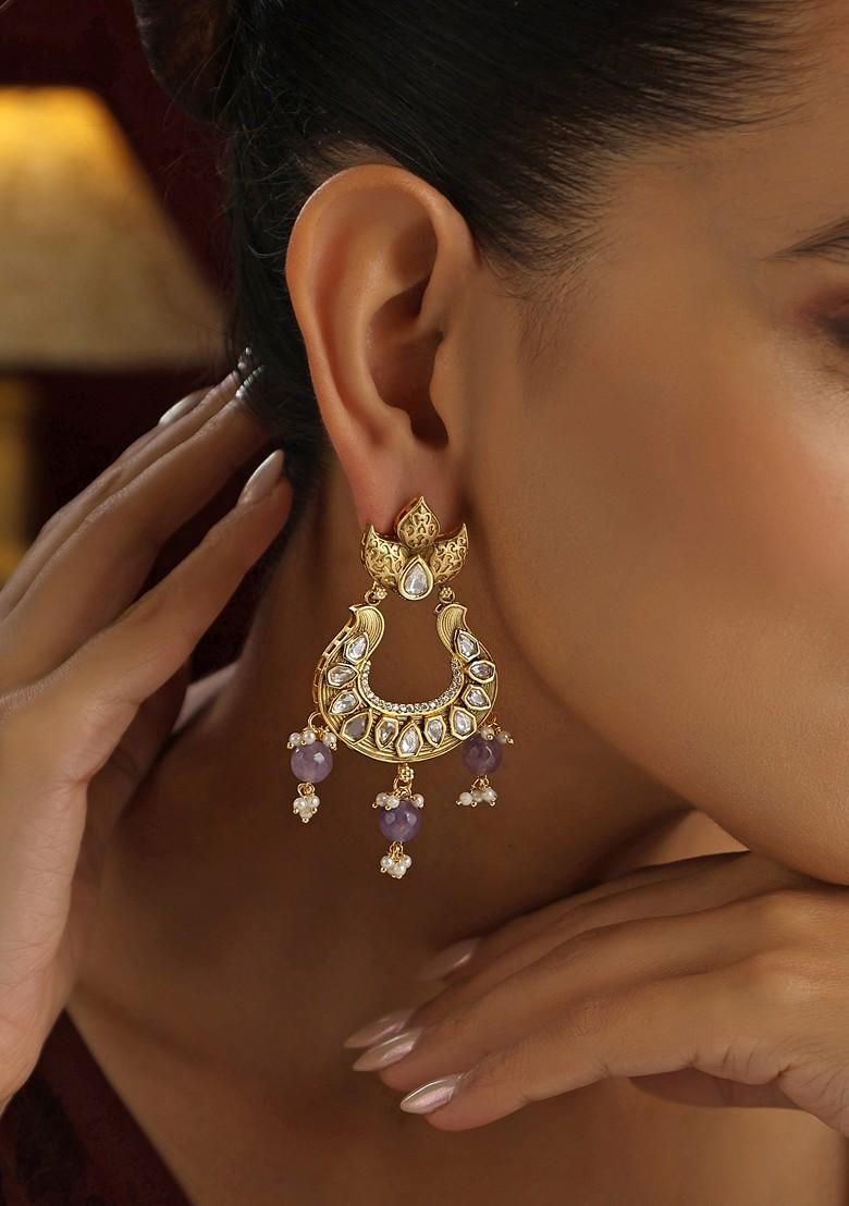 Purple Kundan Chandbali Earrings