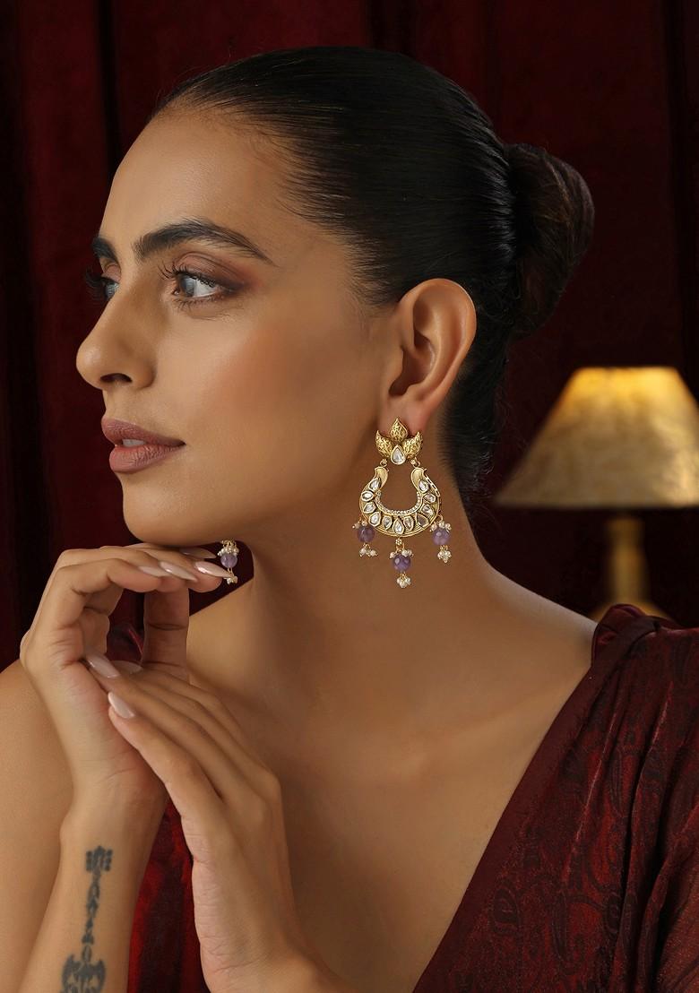 Purple Kundan Chandbali Earrings