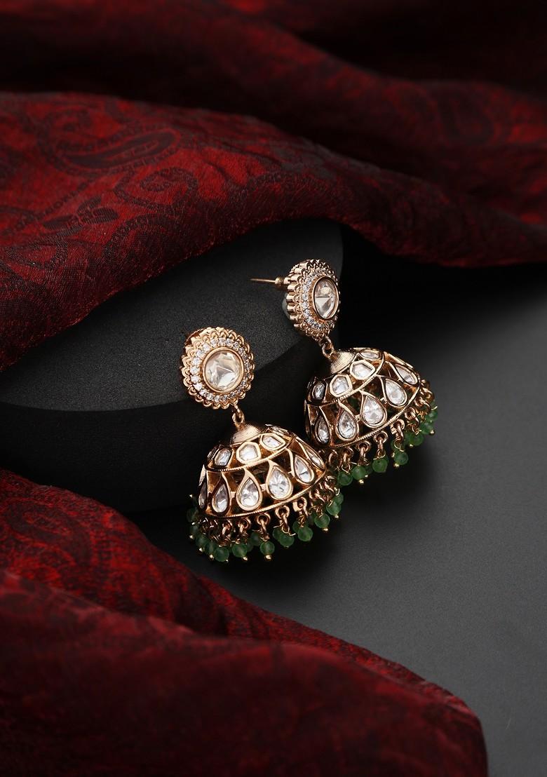 Green Polki Jhumka Earrings - Indya