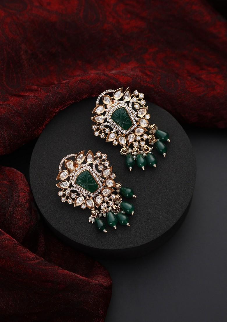 Green Polki Dangler Earrings - Indya
