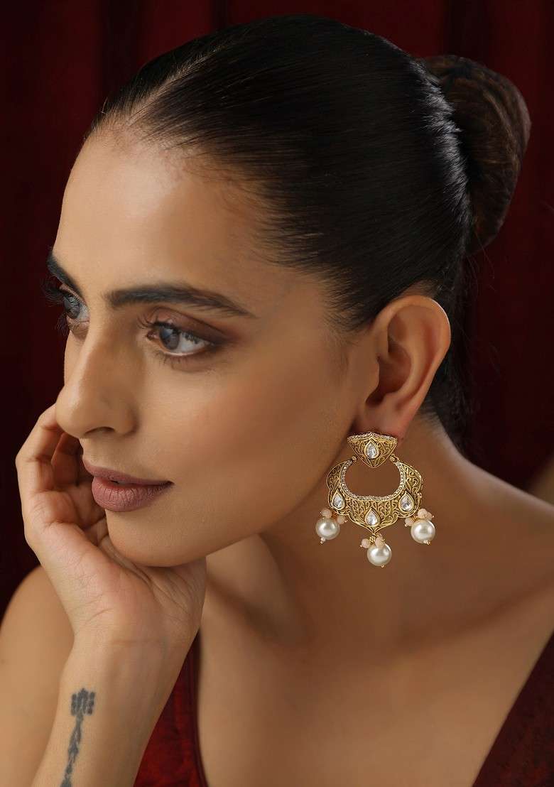 Gold Kundan Chandbali Earrings - Indya