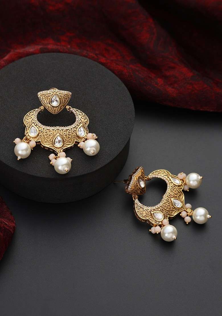 Gold Kundan Chandbali Earrings - Indya