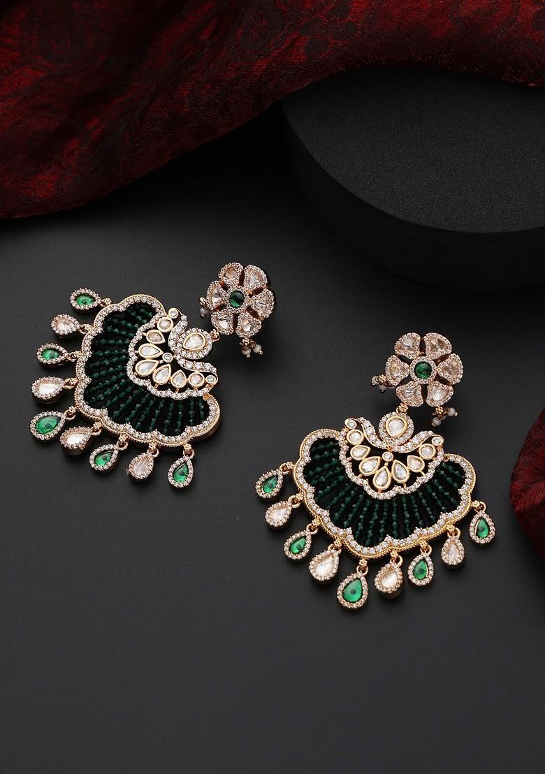 Green Polki Chandbali Earrings - Indya