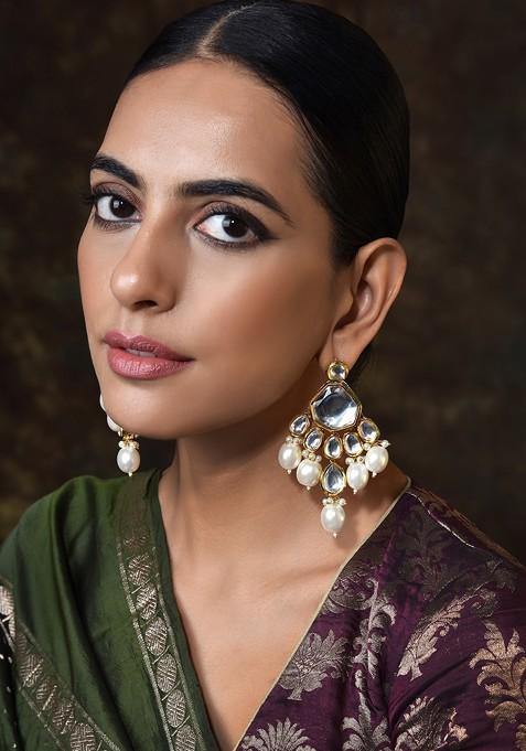 Gold Tone Kundan Pearl Earrings