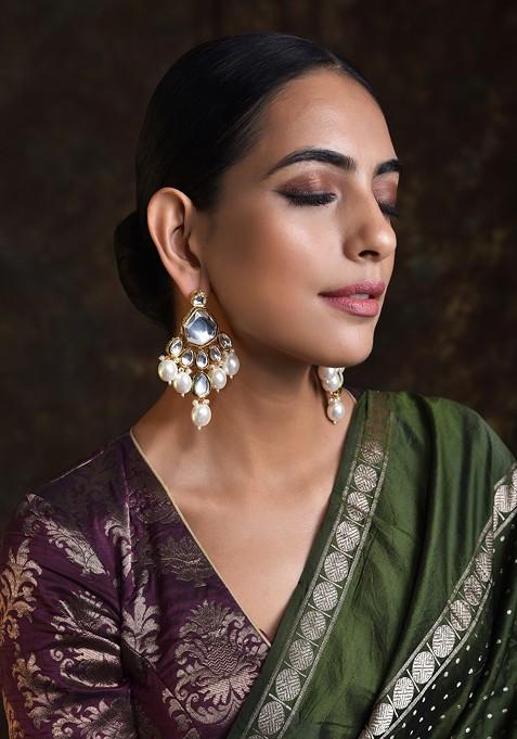 Gold Tone Kundan Pearl Earrings