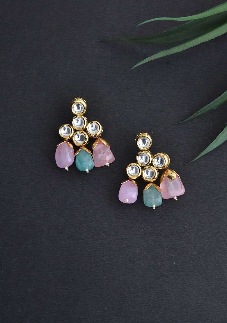 Pink Gold Tone Kundan Earrings - Indya