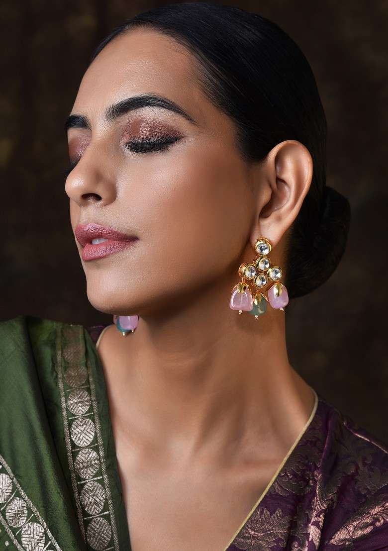 Pink Gold Tone Kundan Earrings - Indya