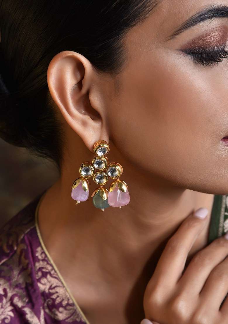 Pink Gold Tone Kundan Earrings - Indya