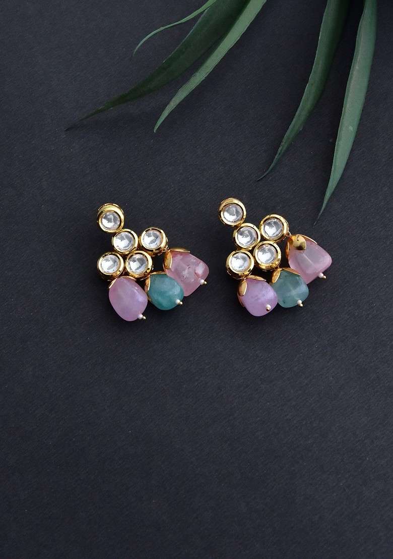 Pink Gold Tone Kundan Earrings - Indya