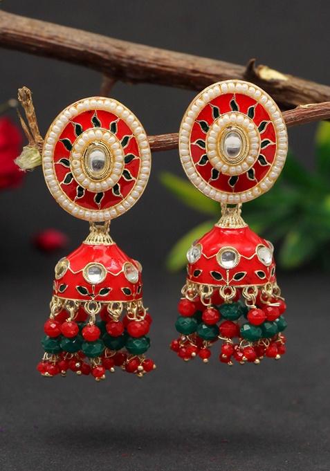 Red Kundan And Bead Earrings