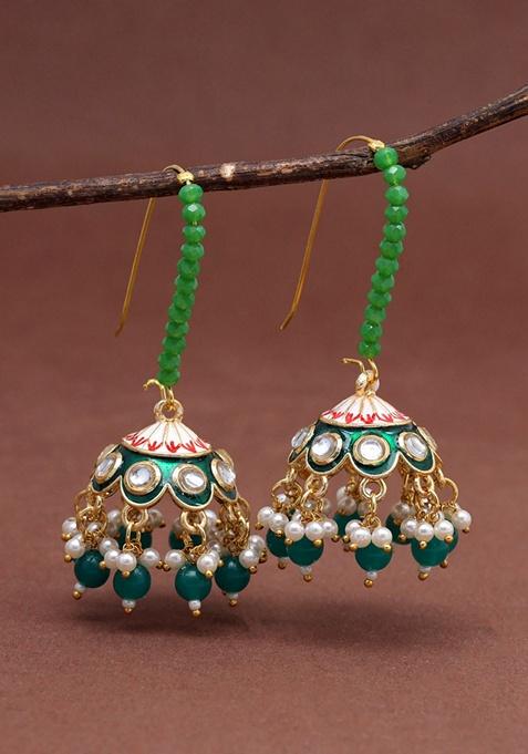 Green Glass Stone And Bead Earrings