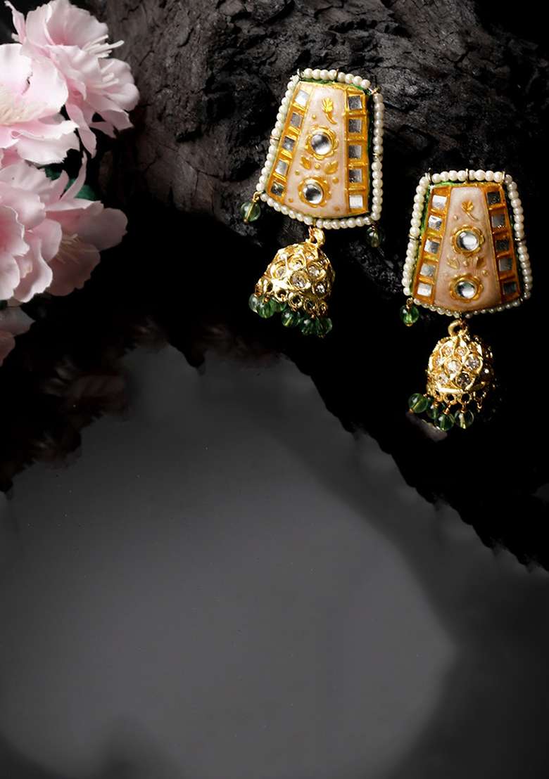 Peach And Green Gold Plated Kundan American Diamond Jhumka Earrings - Indya