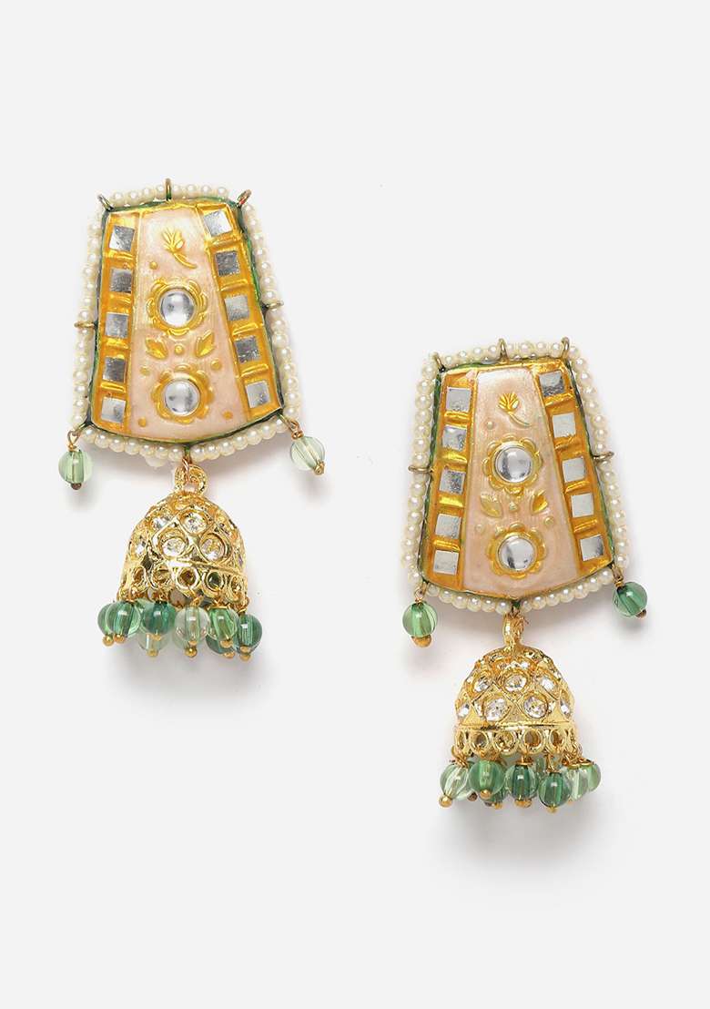 Peach And Green Gold Plated Kundan American Diamond Jhumka Earrings - Indya