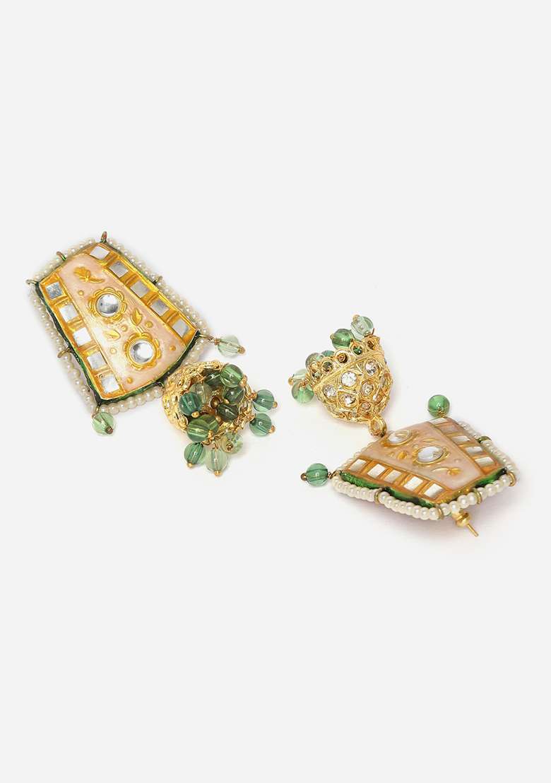 Peach And Green Gold Plated Kundan American Diamond Jhumka Earrings - Indya