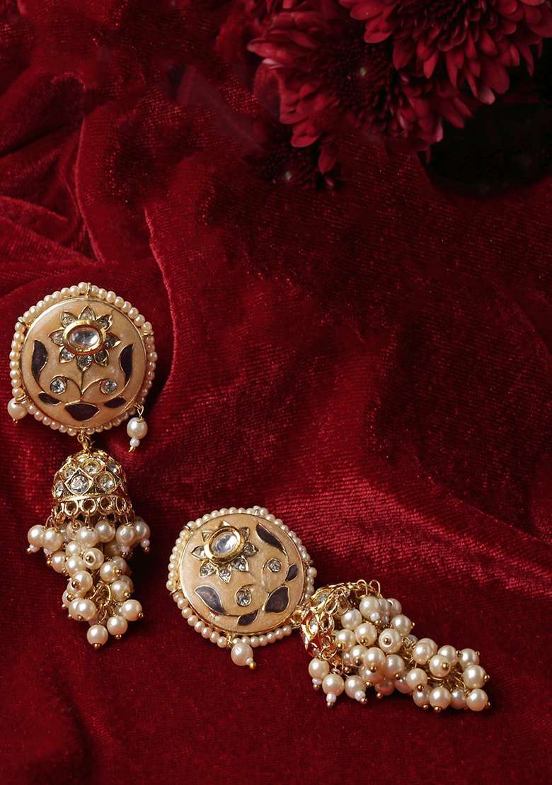 Peach And Grey Gold Plated Kundan American Diamond Jhumka Earrings - Indya