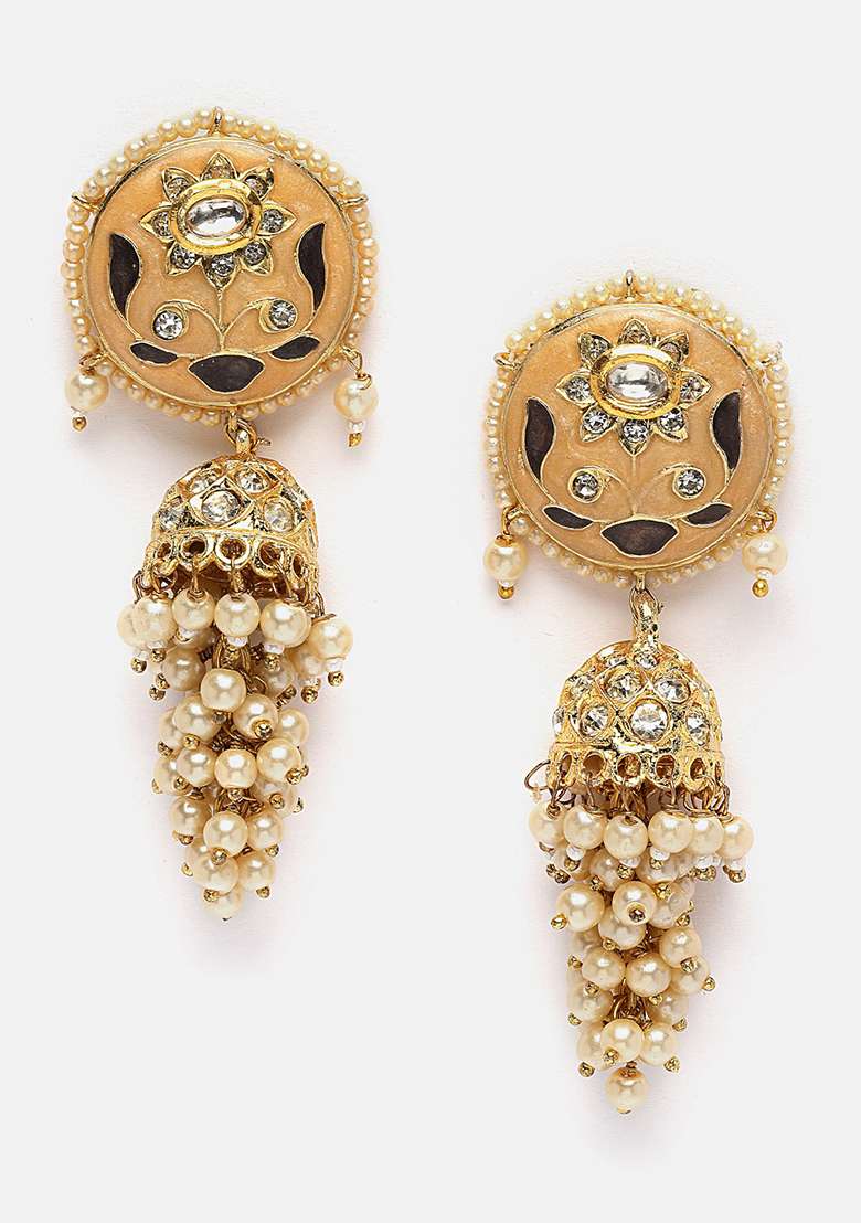 Peach And Grey Gold Plated Kundan American Diamond Jhumka Earrings - Indya