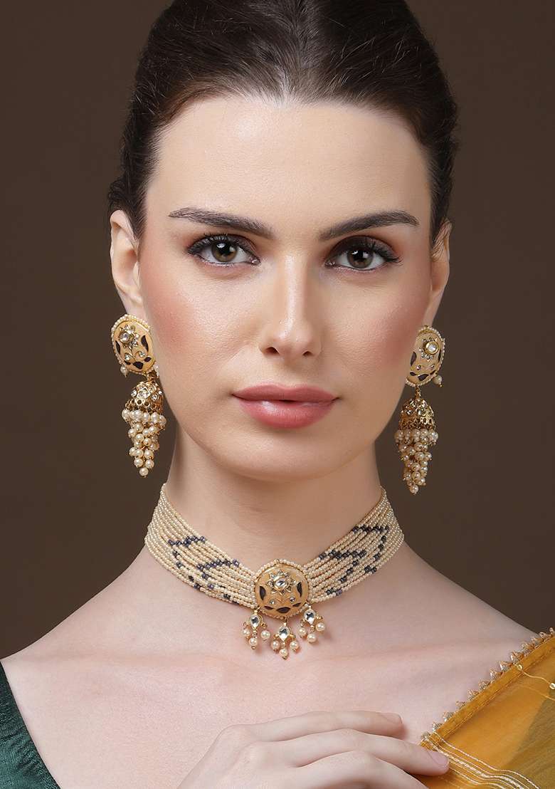Peach And Grey Gold Plated Kundan American Diamond Jhumka Earrings - Indya