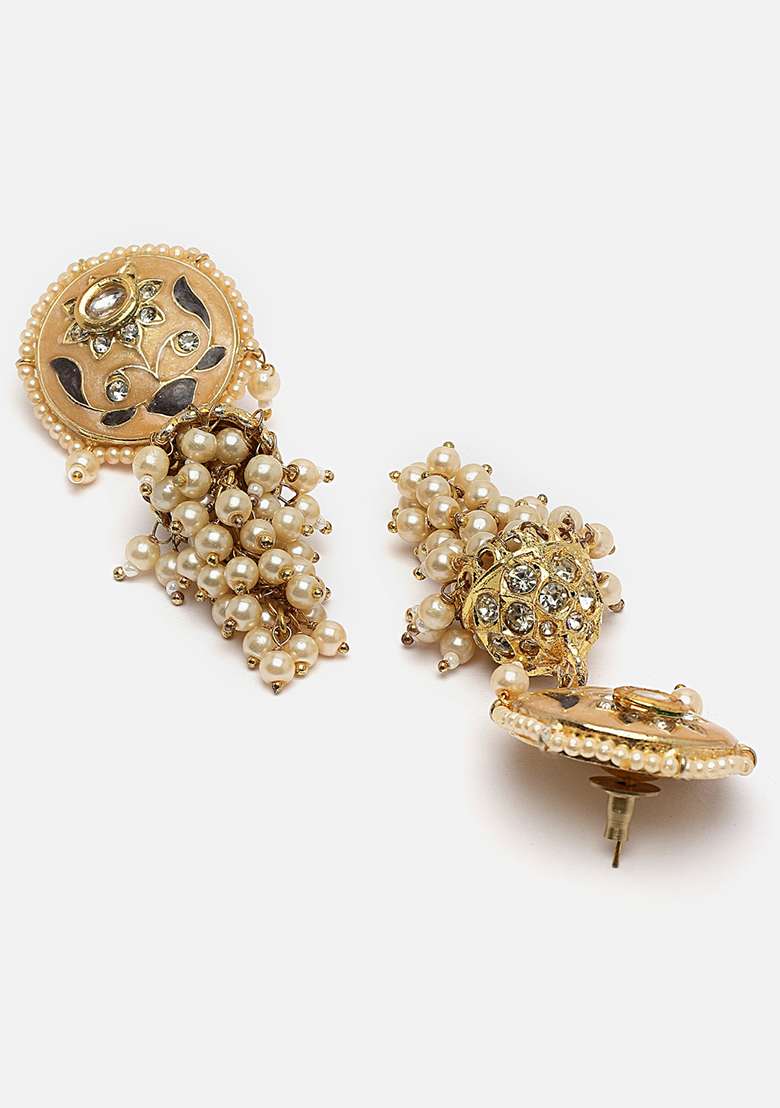 Peach And Grey Gold Plated Kundan American Diamond Jhumka Earrings - Indya