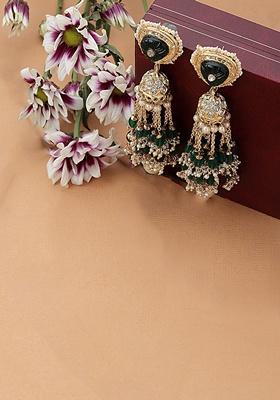 Green Gold Plated Kundan American Diamond Jhumka Earrings