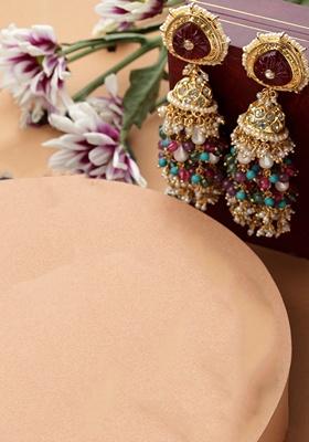 Maroon And Red Gold Plated Kundan American Diamond Jhumka Earrings