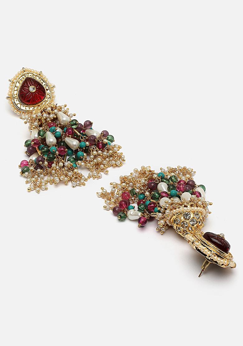Maroon And Red Gold Plated Kundan American Diamond Jhumka Earrings - Indya